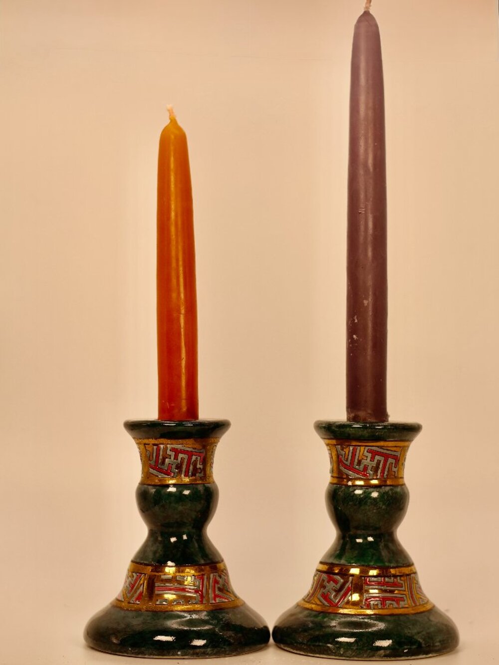 Vintage Emerald Green Ceramic Taper Candle Holders Signed Gold Geometric Pair